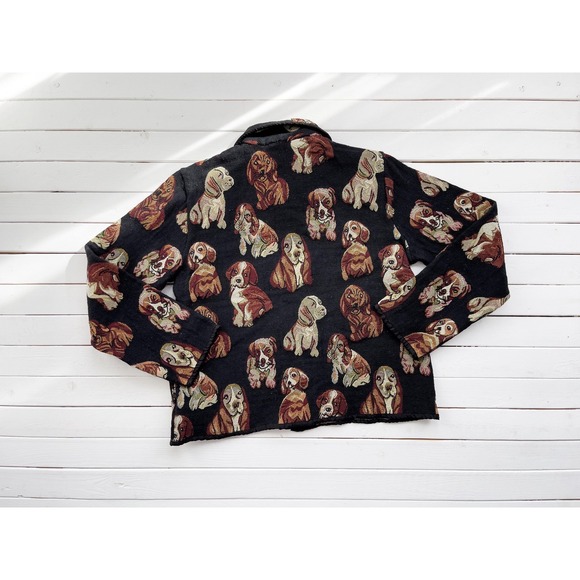 vtg Sara Studio black puppy dog cottagecore woven tapestry jacket coat - Picture 4 of 5